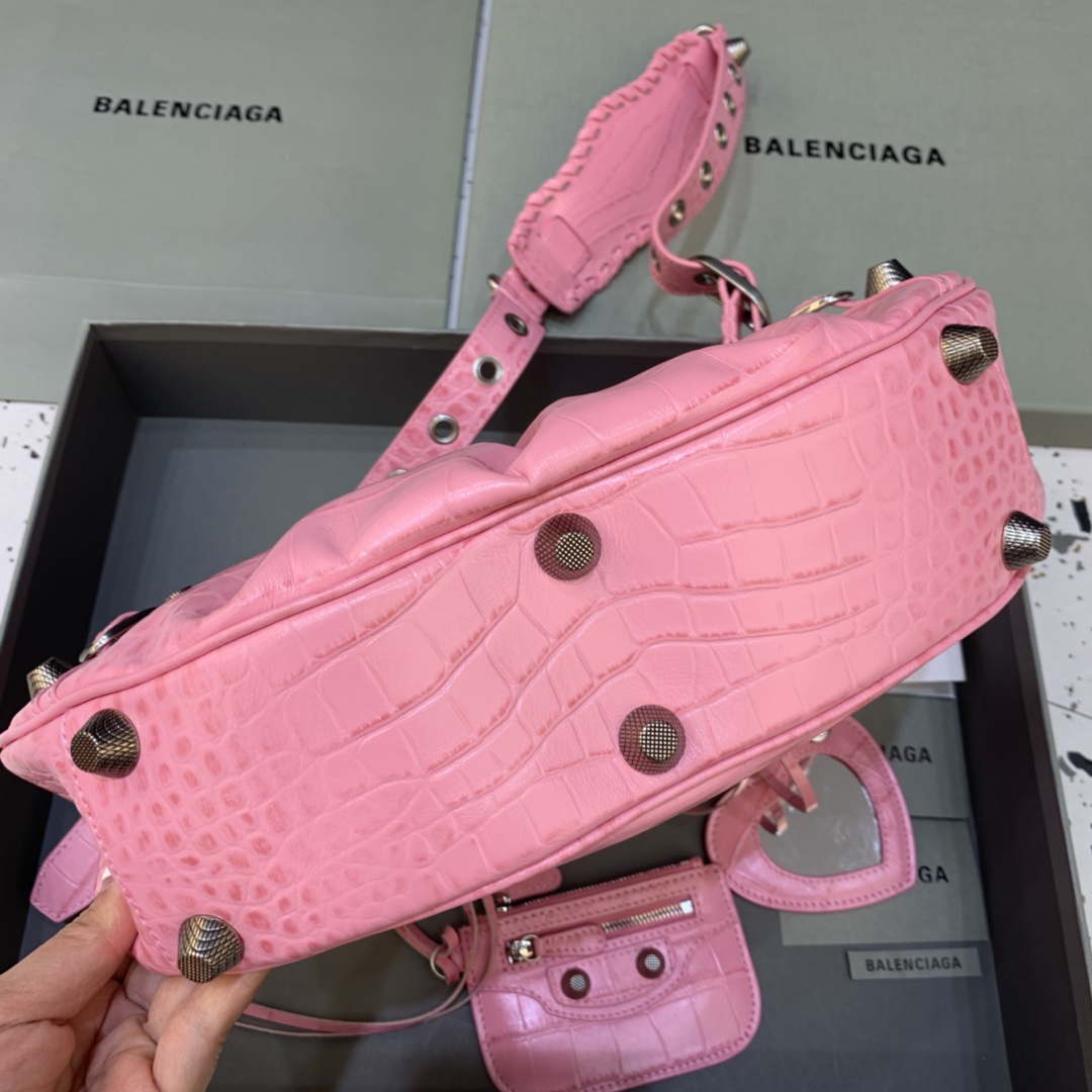 Balenciaga Le Cagole Small Shoulder Bag Crocodile Embossed Pink